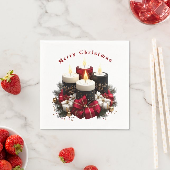 Christmas Candles Red White Satin Ribbon Napkin (Insitu)