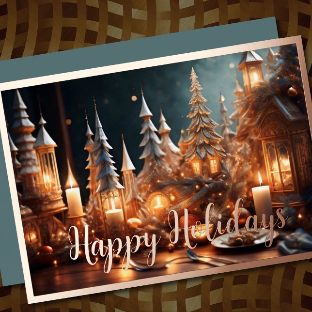 Christmas Candles Village Grey Tablescape Foil Holiday Card (Creator Uploaded)