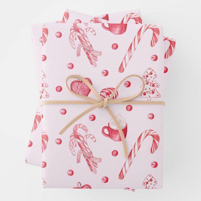 Christmas Candy and Hot Chocolate Pink  Wrapping Paper Sheet (In situ)