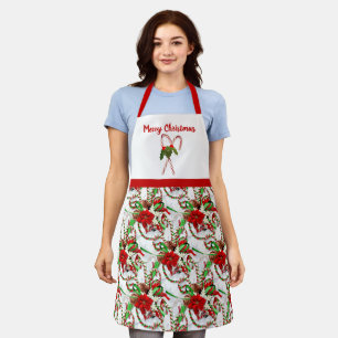 Christmas Candy Cane and Poinsettia All-Over Print Apron