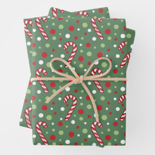 Christmas Candy Cane and Polka Dots Green Wrapping Paper Sheet