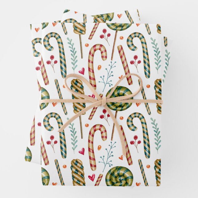 Christmas Candy Cane, Berries and Sweets  Wrapping Paper Sheet (In situ)