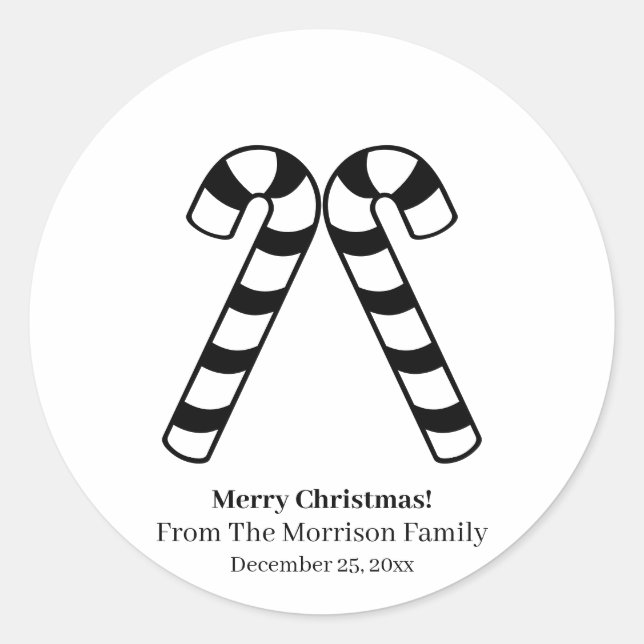 Christmas candy cane black white custom name favou classic round sticker (Front)