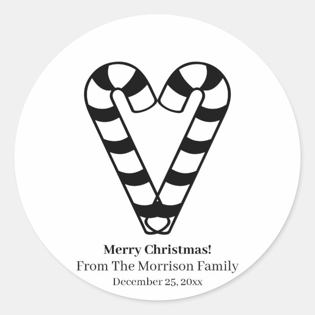 Christmas candy cane black white custom name heart classic round sticker (Front)