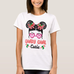 Christmas Candy Cane Cutie Messy Bun Girls Kids Xm T-Shirt