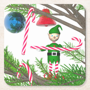 Christmas Candy Cane Elf Square Paper Coaster
