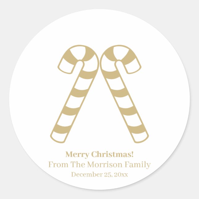 Christmas candy cane gold white custom name favour classic round sticker (Front)