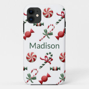 Christmas Candy Cane Green Personalised Name iPhone 11 Case
