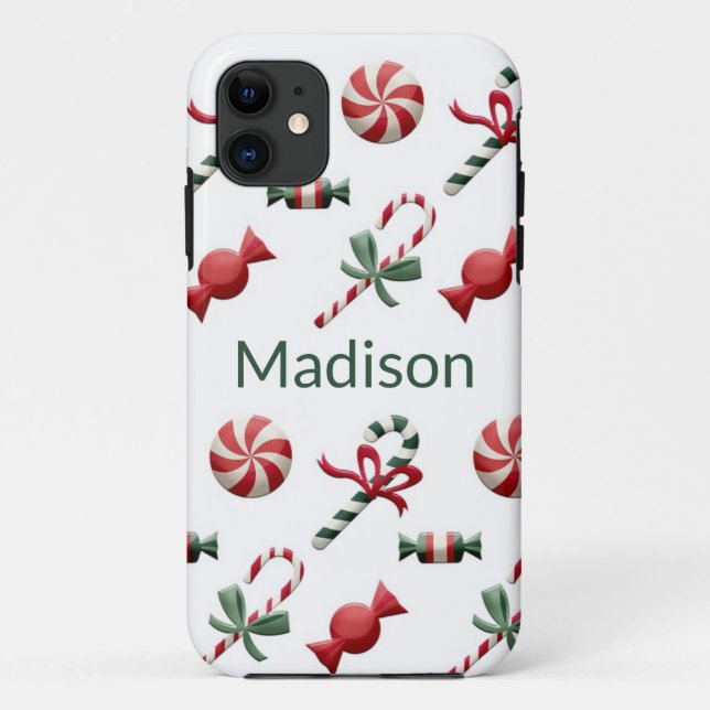 Christmas Candy Cane Green Personalised Name Case-Mate iPhone Case (Back)