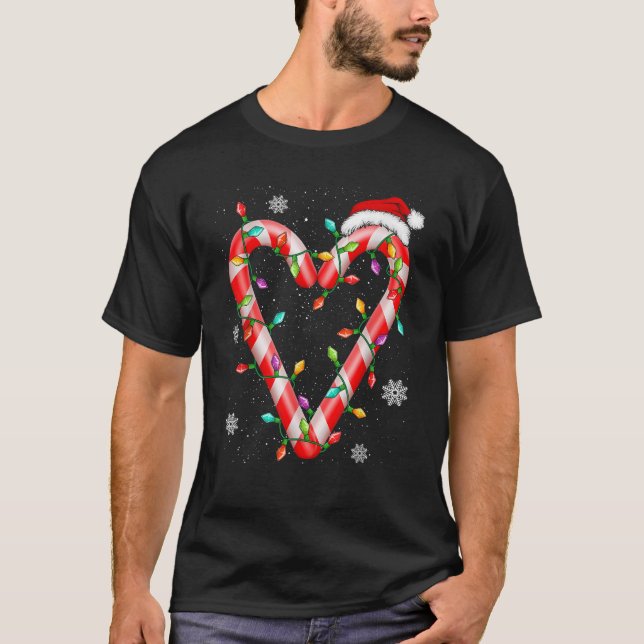 Christmas Candy Cane Heart Santa Hat Xmas Lights H T-Shirt (Front)