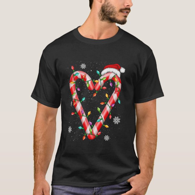Christmas Candy Cane Heart Santa Hat Xmas Lights H T-Shirt (Front)