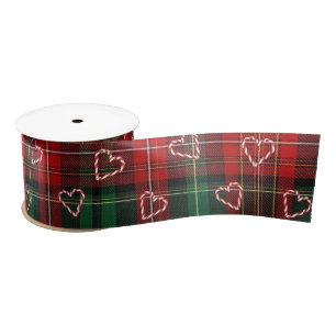 Christmas Candy Cane Hearts On Tartan Plaid Satin Ribbon
