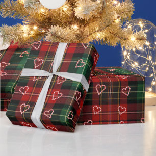 Christmas Candy Cane Hearts On Tartan Plaid Wrapping Paper