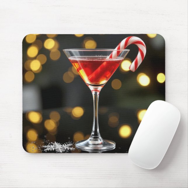Christmas Candy Cane In a Red Cocktail Mouse Mat (With Mouse)