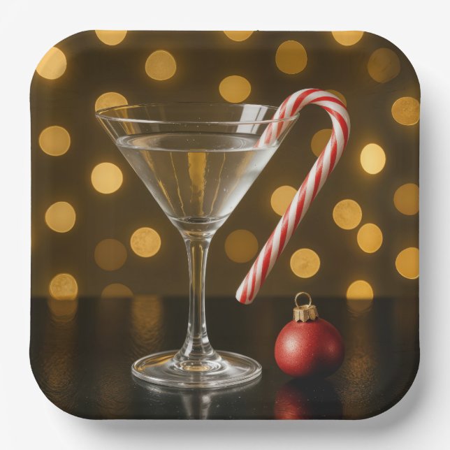 Christmas Candy Cane On a Martini Glass Paper Plate (Front)