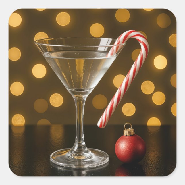 Christmas Candy Cane On a Martini Glass Square Sticker (Front)