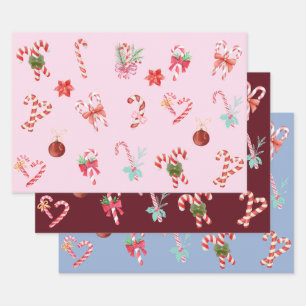 Christmas Candy Cane, Ornaments, Red Poinsettia Wrapping Paper Sheet