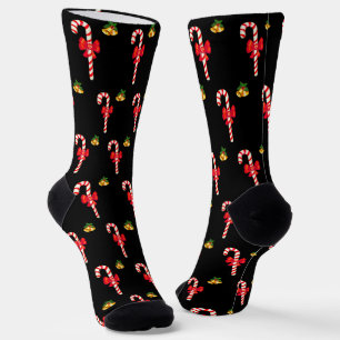 Christmas Candy Cane Pattern on Black Socks