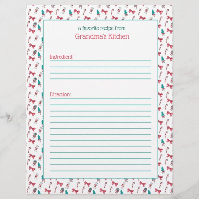 Christmas Candy Cane Pattern Recipe Paper (Front)