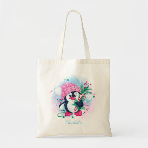 Christmas Candy Cane Penguin Personalized Name Tote Bag