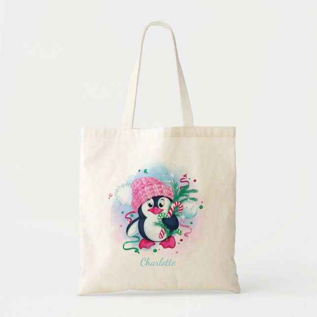 Christmas Candy Cane Penguin Personalized Name Tote Bag (Front)