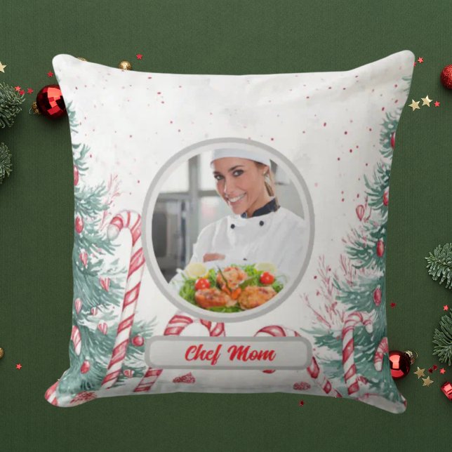 Christmas Candy Cane Personalised Chef Mum Photo Cushion (Creator Uploaded)
