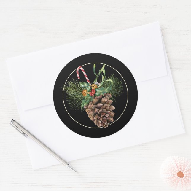 Christmas Candy Cane & Pinecone Classic Round Sticker (Envelope)