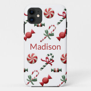 Christmas Candy Cane Red Green Personalized Name iPhone 11 Case