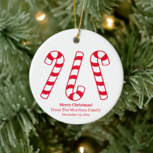 Christmas candy cane red & white custom name cute ceramic tree decoration