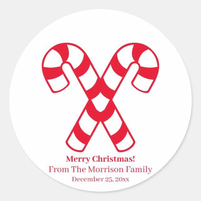Christmas candy cane red white custom name date classic round sticker (Front)