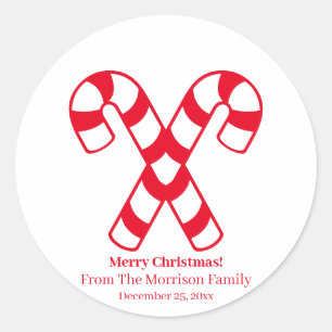 Christmas candy cane red white custom name date classic round sticker
