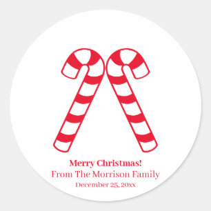 Christmas candy cane red white custom name favour classic round sticker