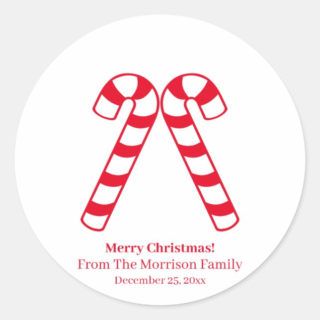 Christmas candy cane red white custom name favour classic round sticker (Front)