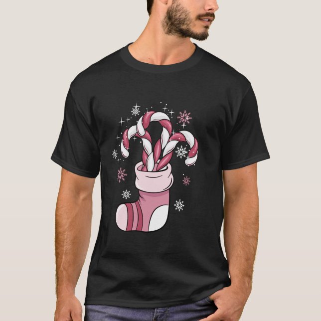 Christmas Candy Cane Santa Pink Shoe Snow Happy Xm T-Shirt (Front)