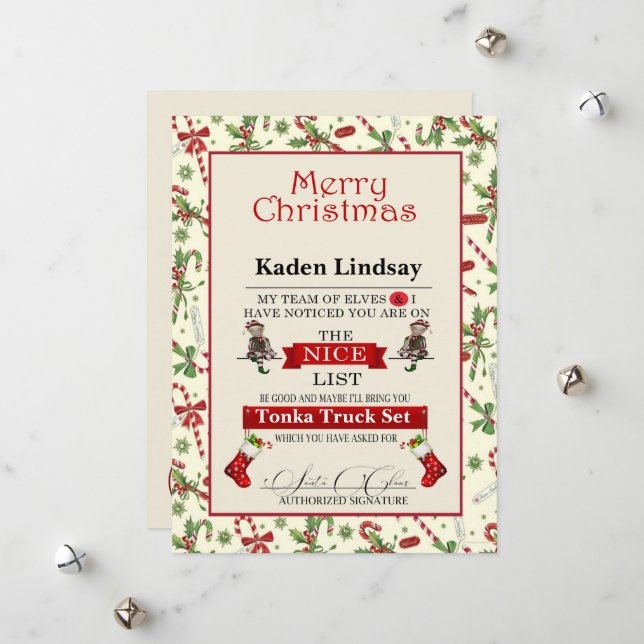 Christmas Candy Cane Santa's Nice List Holiday Card (Front/Back In Situ)