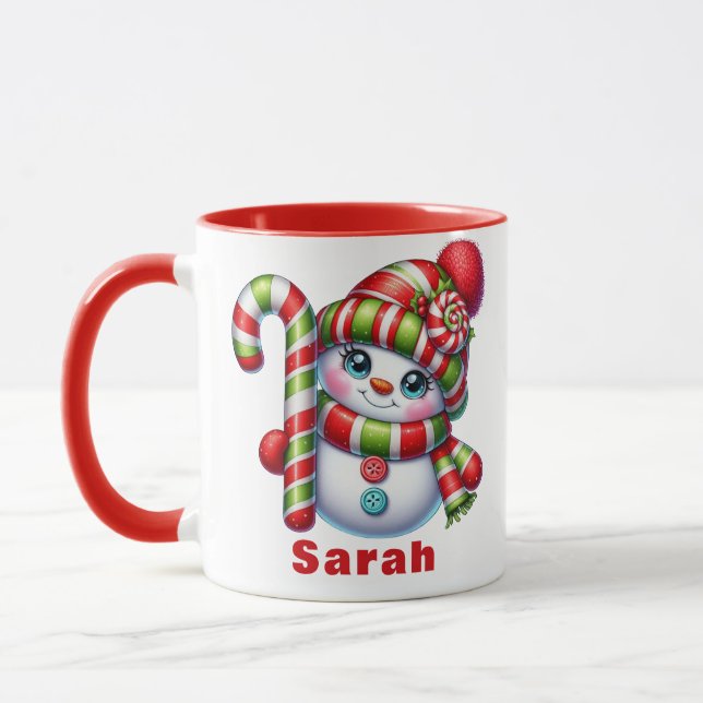 Christmas Candy Cane Snowman Custom Name Mug (Left)