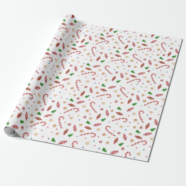 Christmas Candy Cane Stars Watercolor Holiday Wrapping Paper (Unrolled)