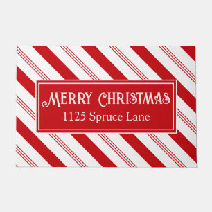 Christmas Candy Cane Stripes and Vintage Text Red Doormat
