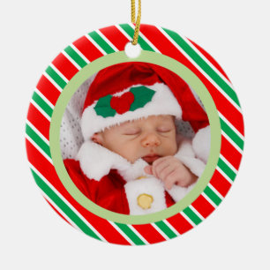 Christmas Candy Cane Stripes Frame Baby Photo Ceramic Tree Decoration