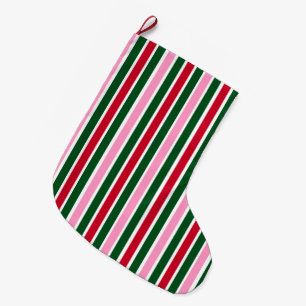 Christmas Candy Cane Stripes in Pink Green and Red Large Christmas Stocking