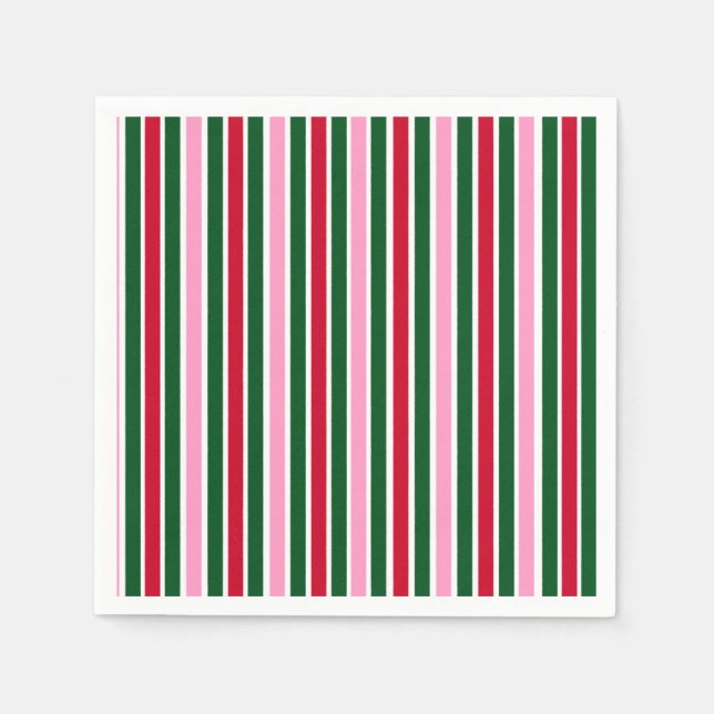 Christmas Candy Cane Stripes in Pink Green and Red Napkin (Front)