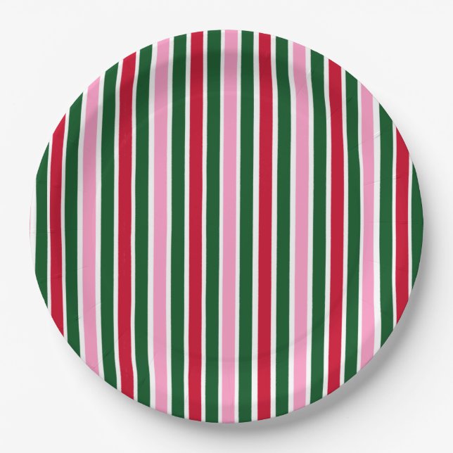 Christmas Candy Cane Stripes in Pink Green and Red Paper Plate (Front)