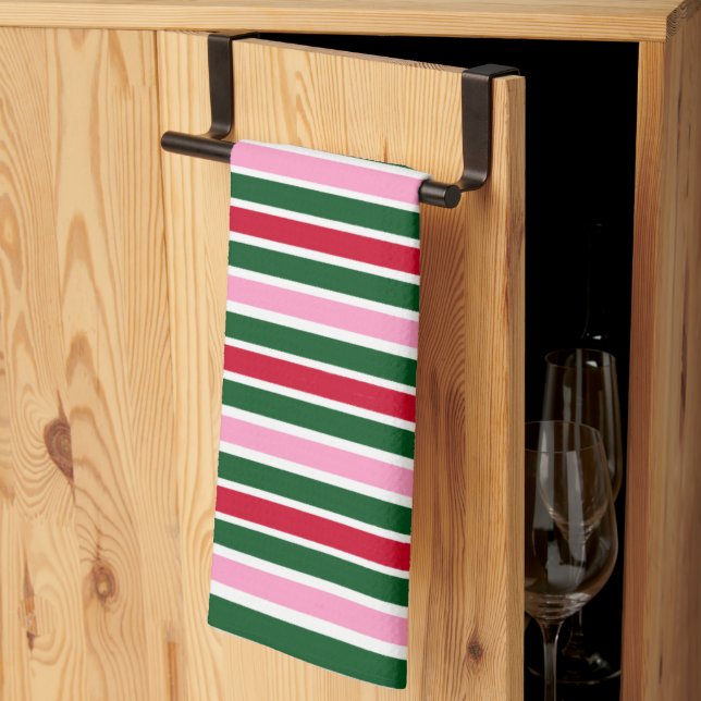 Christmas Candy Cane Stripes in Pink Green and Red Tea Towel (Thirds Fold)