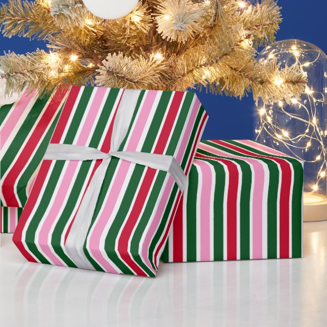 Christmas Candy Cane Stripes in Pink Green and Red Wrapping Paper (Holidays)