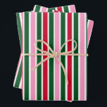Christmas Candy Cane Stripes in Pink Green and Red Wrapping Paper Sheet<br><div class="desc">Modern Christmas colours of red,  white,  green,  and pink</div>