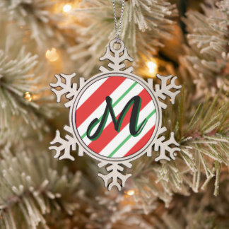 Christmas Candy Cane Stripes Monogram Initial  Snowflake Pewter Christmas Ornament