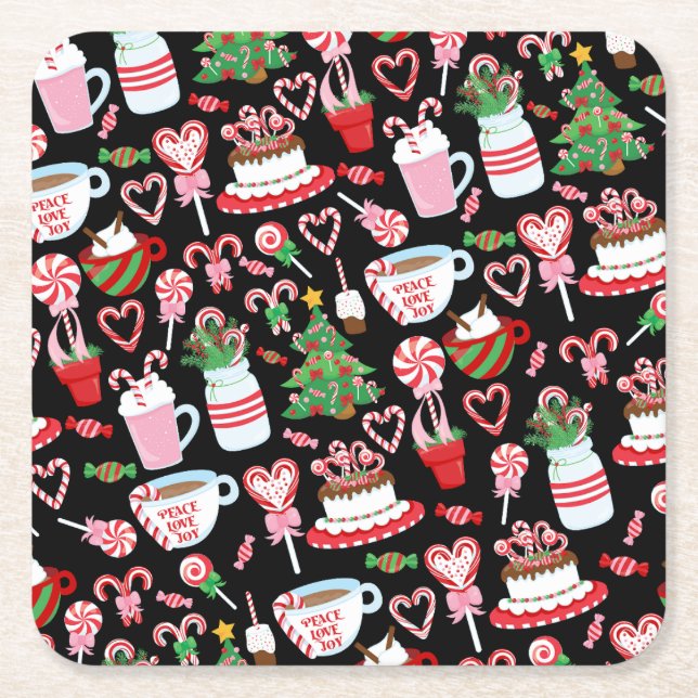 Christmas Candy Cane Sweets Pattern Square Paper Coaster (Front)