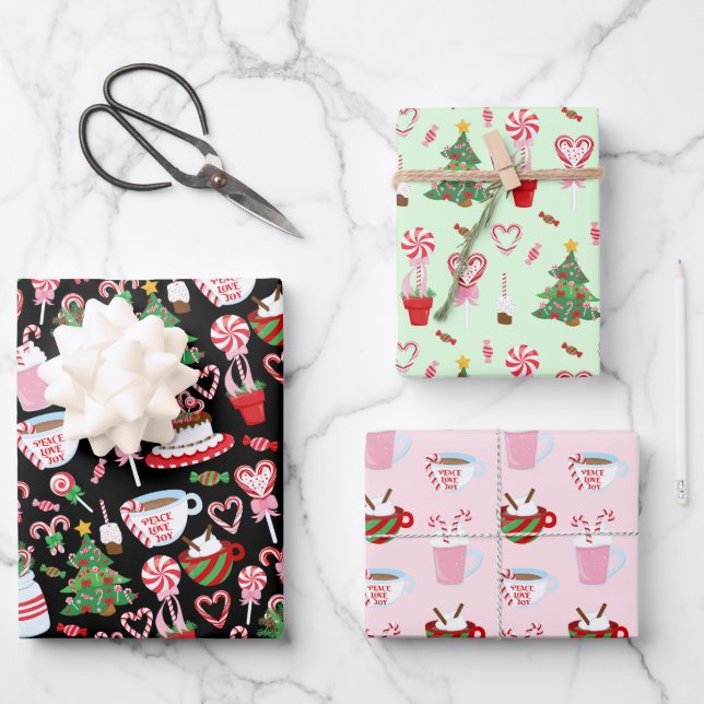 Christmas Candy Cane Sweets Patterns Wrapping Paper Sheet (Front)