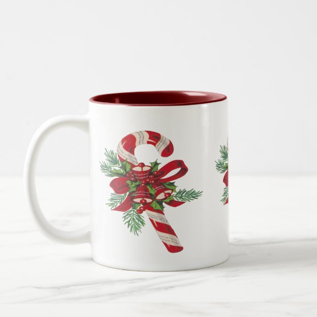 Christmas Candy Cane With Decorative Ribbon  Two-Tone Coffee Mug (Left)