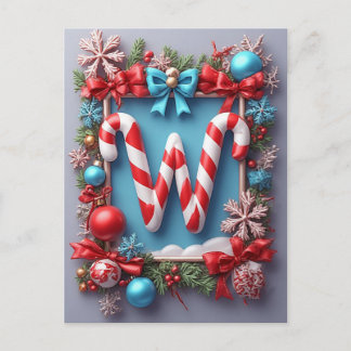 🎄 Christmas Candy Cane Wreath W Monogram Holiday Postcard